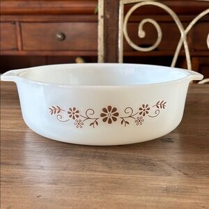 Vintage Dynaware Pyr-o-rex Casserole Dishes, Brown Floral Daisy Milk Glass
